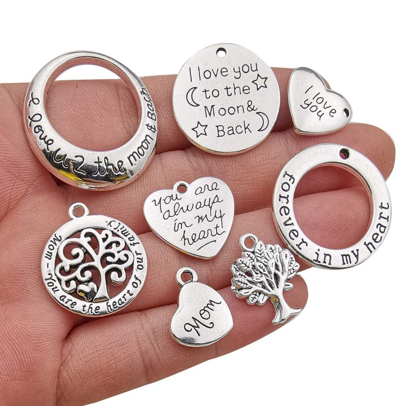 iloveDIYbeads Family Mom Words Charm Collection-32 PCS Craft Supplies Heart Moon Love Words Mother's Day Charms Pendants for Jewelry Making Crafting Findings Accessory for DIY Necklace Bracelet Earrings (M283) - Image 2